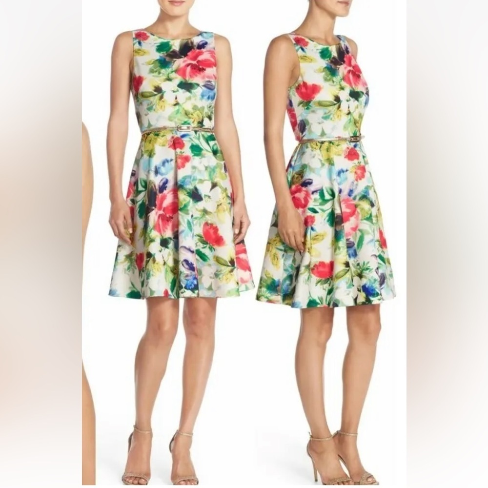 Eliza J Watercolor Floral Print Fit & Flare Belted Scuba Dress Size 8